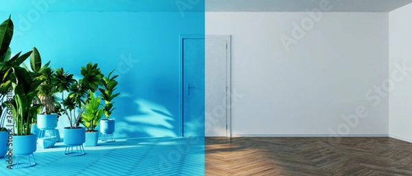 Obraz half white half blue room with plants in the left corner, frontal view on a door, abstract mockup concept, 3D background illustration