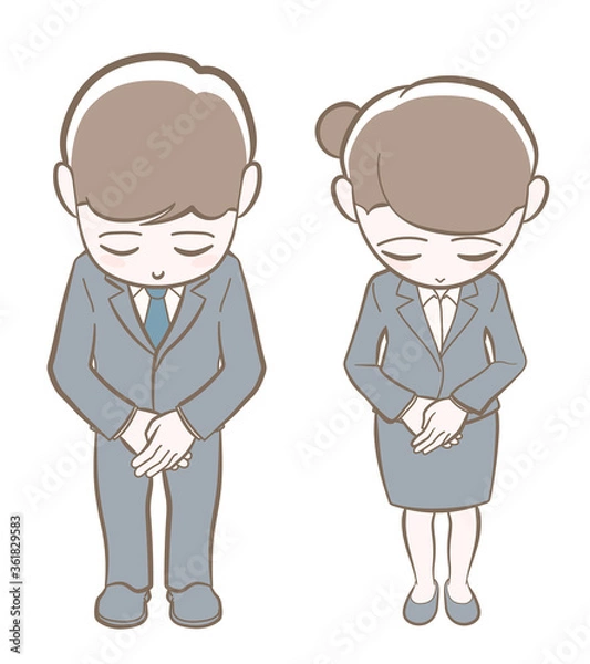 Obraz お辞儀や謝罪や会釈のポーズ、スーツのビジネスマン男女【ディフォルメ】