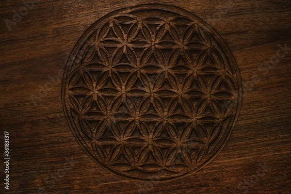 Obraz wooden flower of life sign texture background