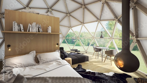 Obraz Geodesic dome tent as hotel. Fabric and wood framed yurt structures for, luxurious, upscale glamping