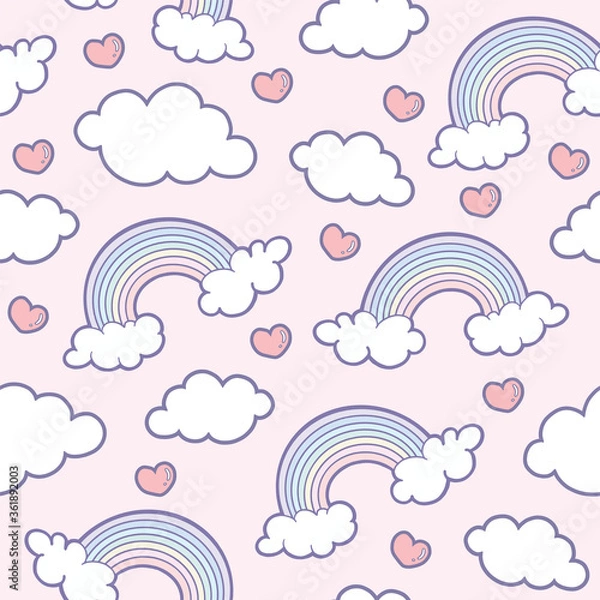 Obraz Rainbow and clouds with heart on a light pink background repeating seamless pattern