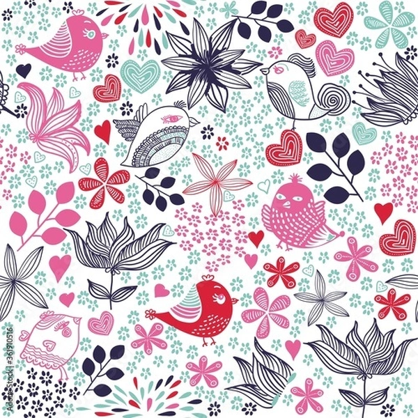 Fototapeta Vector colorful pattern with birds and flowers, retro style, floral backdrop. Spring, summer flower design for web, wrapping paper, cover, textile, fabric, wallpaper