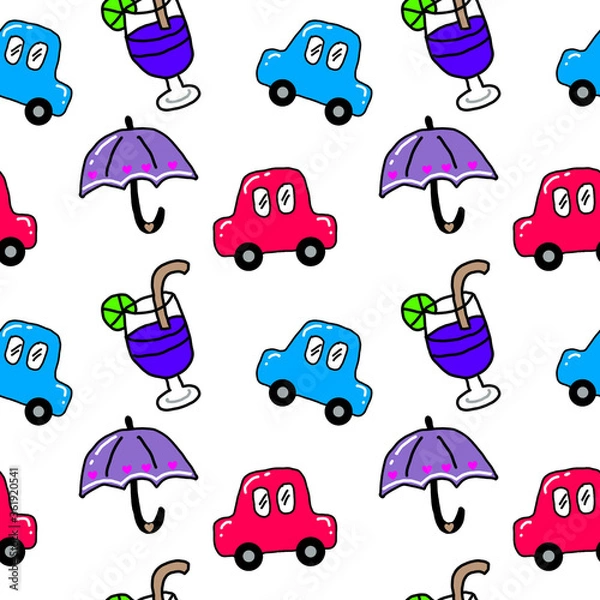 Fototapeta Colorful cartoons cars, umbrella, drinks seamless repeat pattern background.  Illustrators drawing 