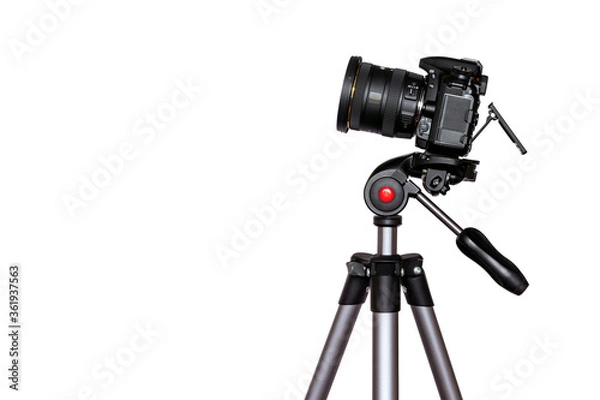 Fototapeta Digital camera on tripod isolated on white background with copy space