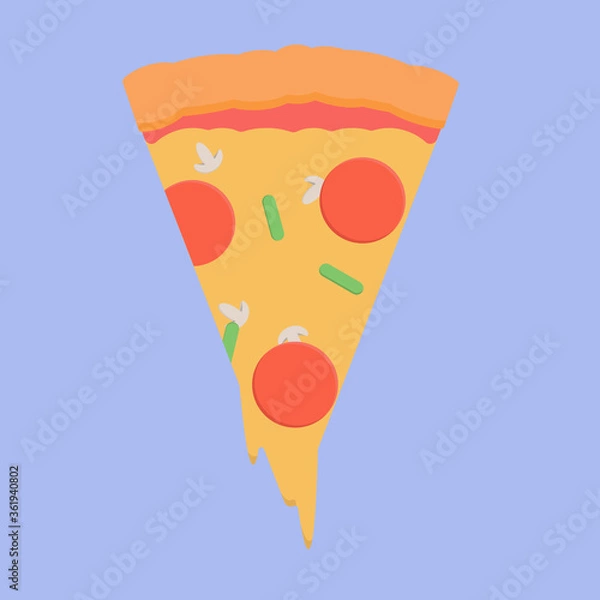 Fototapeta Slice of pepperoni pizza with champignons and bean pods, stretching cheese for a hearty dinner or breakfast