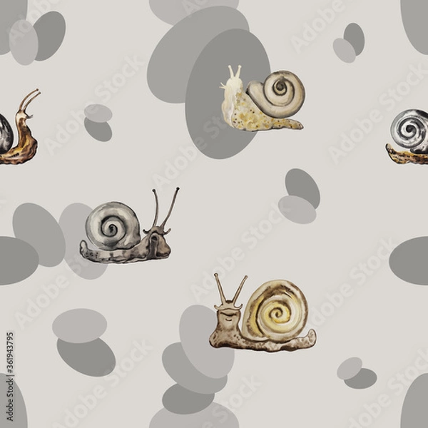 Obraz Snails watercolor sketches seamless pattern on timber wolf color background and gray ovals.