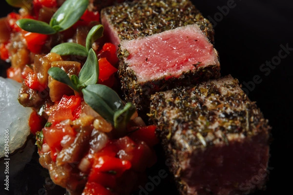 Obraz fresh salmon sushi breaded with gel and vegetables salsa