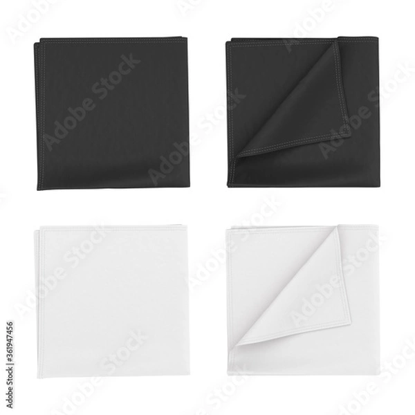 Obraz Set of black and white folded bandana, scarf, shawl, kerchief, scarve, napkin, drape of top view. 3d illustration of a template, mock up for printing design, logo, branding on fabric.