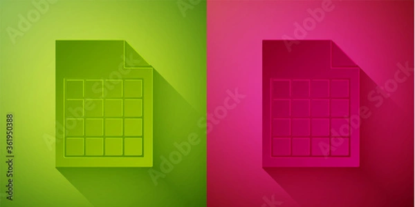 Fototapeta Paper cut File document icon isolated on green and pink background. Checklist icon. Business concept. Paper art style. Vector Illustration.