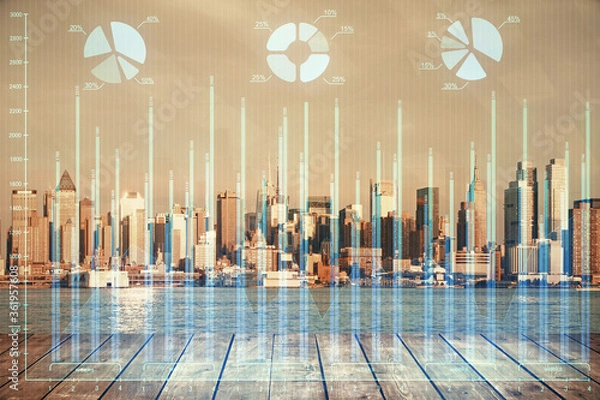 Fototapeta Forex graph on city view with skyscrapers background multi exposure. Financial analysis concept.