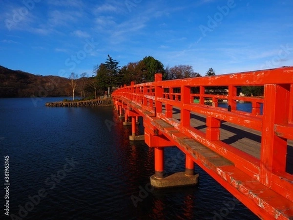 Obraz red wooden approach bridge 