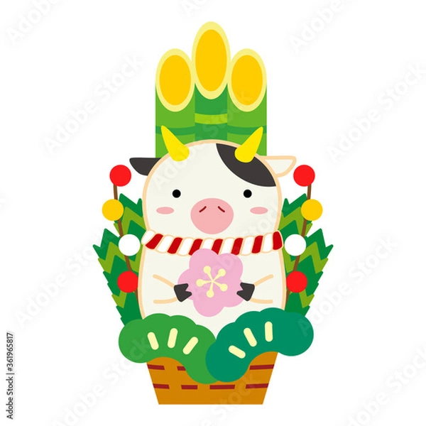 Obraz おめでたい門松と牛