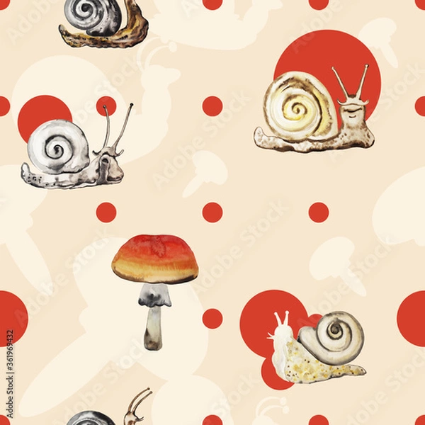 Obraz Red polka dot on champagne color background with hand drawn watercolor snails and mushroom seamless pattern.