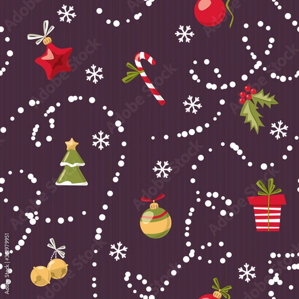 Obraz Christmas toys and other traditional decorations seamless pattern. Cartoon vector style.
