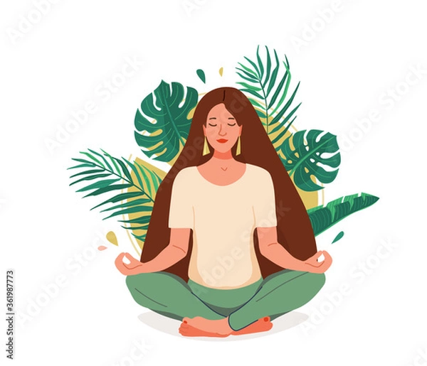 Obraz Ilustracja wektorowa wellness umysłu. Młoda kobieta siedzi w pozycji lotosu jogi, otoczony tropikalnymi liśćmi i słońcem. Pozytywna myśl kreatywna koncepcja