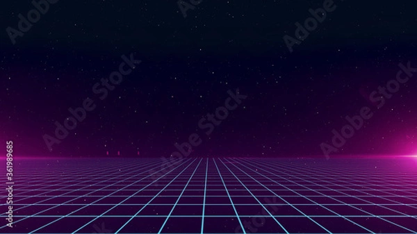 Fototapeta Retro cyberpunk style 80s Sci-Fi Background Futuristic with laser grid landscape. Digital cyber surface style of the 1980`s. 3D illustration
