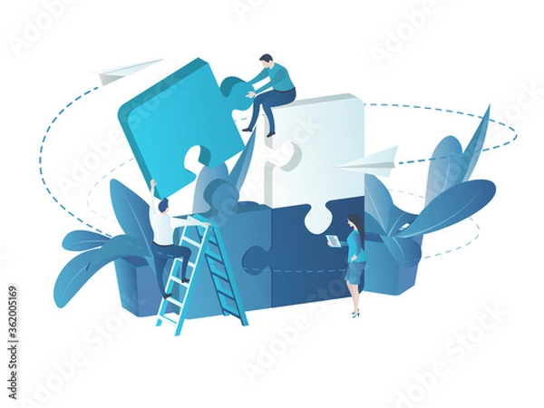 Fototapeta Business Team at Work. Raster image in flat 3d style. Team Metaphor. People Connecting Puzzle Elements. Success in teamwork. Symbol of cooperation, partnership. Illustration for Landing Page.