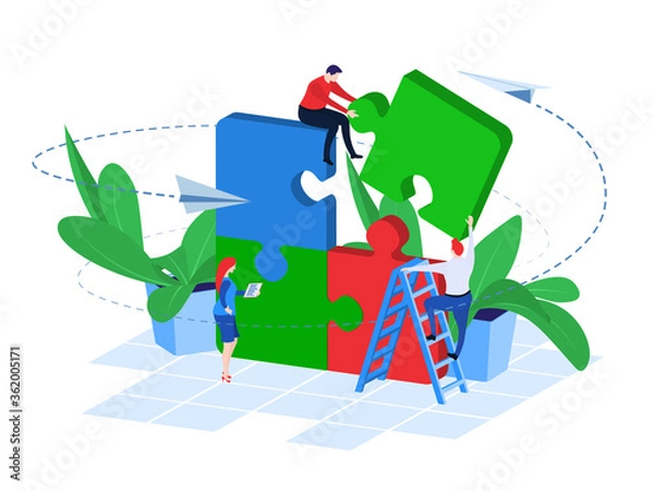 Fototapeta Business Team at Work. Raster image in flat 3d style. Team Metaphor. People Connecting Puzzle Elements. Success in teamwork. Planning Strategy, Searching Problem Solution.