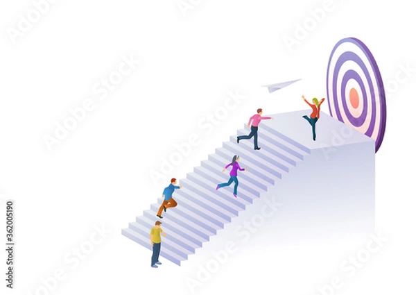 Fototapeta People run to their goal up the stairs. Raster image in flat 3d style. Competition and Achieving Success at Work. Move up Motivation, the Path to the Target's Achievement. Template for website