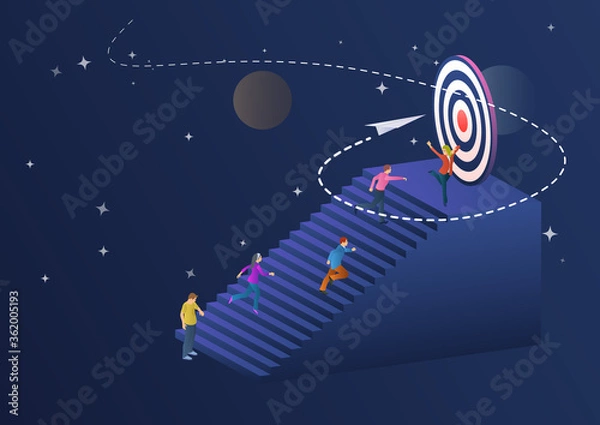 Fototapeta People run to their goal up the stairs. Raster image in flat 3d style. Office Finance Business Success. Move up Motivation, the Path to the Target's Achievement. Template for website and poster