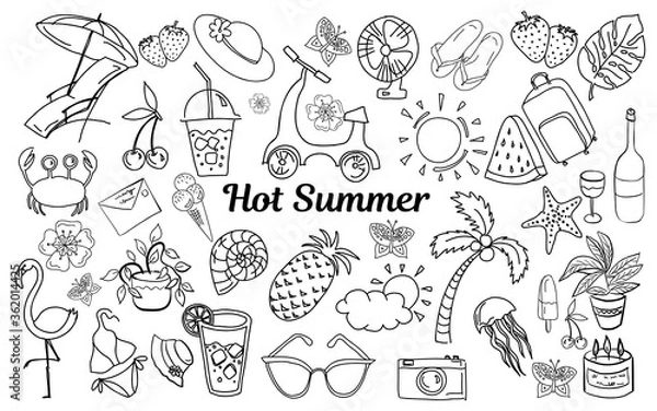 Fototapeta hot summer set isolated hand drawn  on white  background. Warm and cozy illustration doodle style.Sutable elements for greeting cards, posters, stickers and postcards design. Vector.