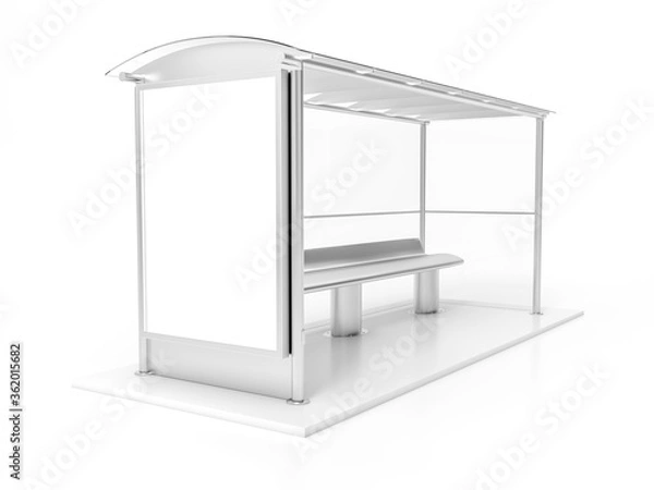 Fototapeta Modern bus stop with blank white poster. Close up, Mock up 3D Rendering. 3d illustration Bus stop with blank banners LED light isolated on white background.