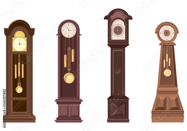 Fototapeta Set of grandfather clocks. Beautiful vintage objects in cartoon style.