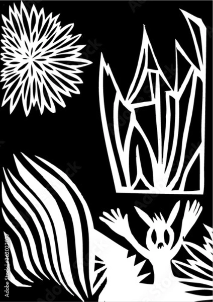 Fototapeta Vector illustration of abstract cut out image made by hand and then vectorized. Black & white image of abstract rabbit, house, sun and bushes.