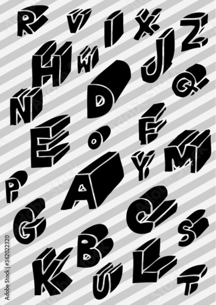 Obraz Vector illustration of black & white three dimensional / 3D hand drawn letters. Alphabet.