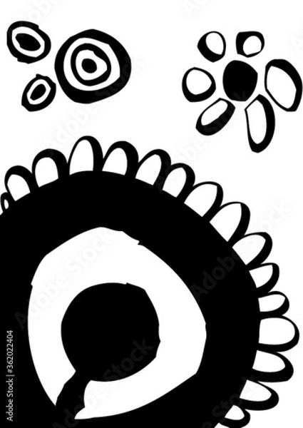 Obraz Vector illustration of  abstract drawing. Circles / flowers / sun / spring. Black & white.