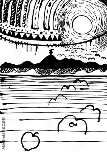 Obraz Vector illustration of black and white day time abstract sea drawing. Birds, fish, mountain, sun, pattern and apple. Surrealism.
