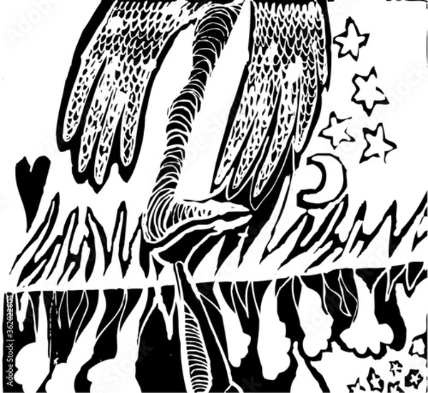 Obraz Vector illustration of black and white psychedelic surrealism childish drawing. Leg, stars, moon, wings, monster. Hand drawn.