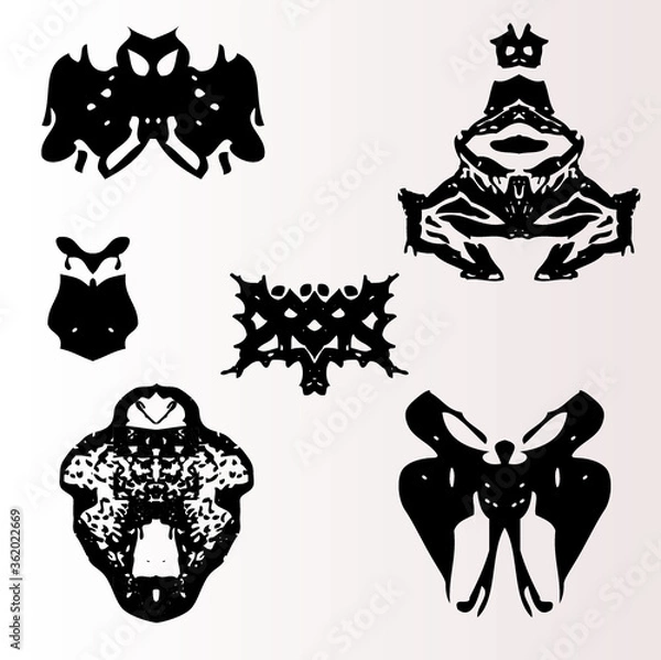 Obraz Vector illustration of rorschach monster figures. Black and white spooky symmetry creatures.
