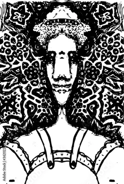 Obraz Vector illustration of black and white human woman head. Abstract, hand drawn, symmetric torso on abstract floral pattern.