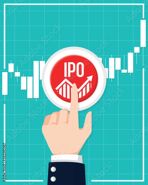 Fototapeta IPO or Initial Public Offering corporate stock market, company growth concept. Design by financial charts elements and business man push the button. Vector illustration of startup investment