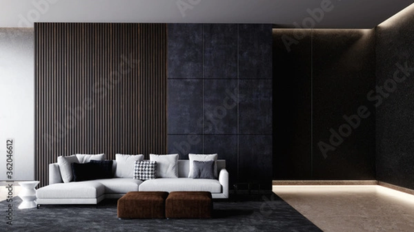 Obraz white sofa in modern classy interior with marble walls, 3D rendering background concept