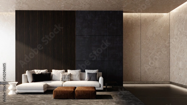 Obraz white sofa in modern classy interior with marble walls, 3D rendering background concept