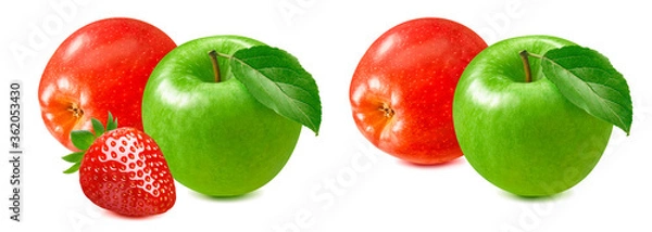 Obraz Red and green apple plus strawberry set isolated on white background. Package design element with clipping path