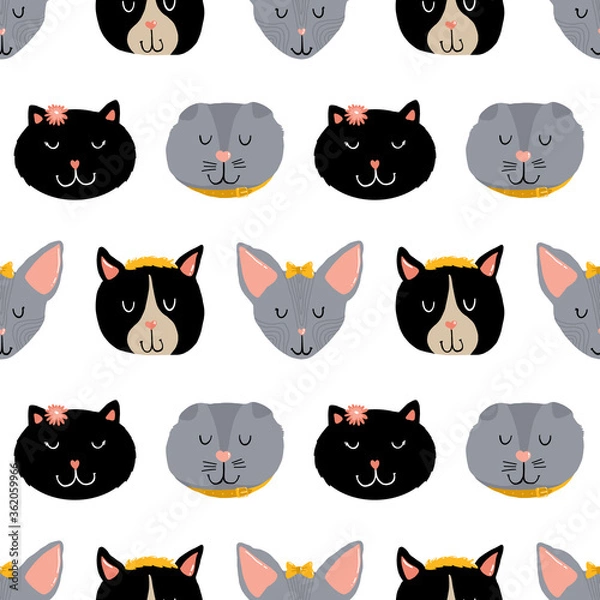Fototapeta Doodle cute cats and kitties pattern vector