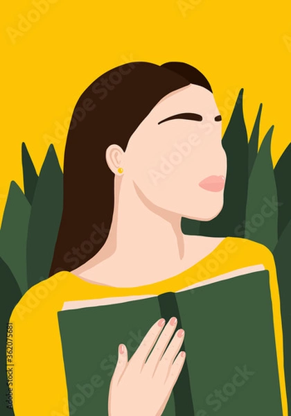 Fototapeta Girl with book illustration vector yellow background