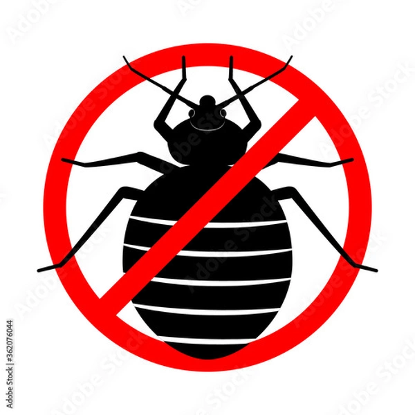Obraz No bed bugs. Anti bedbug. Insect prohibition sign. Pest control sign. Cimicidae icon. Red crossed circle with a bloodsucker. Disinfection symbol. Vector flat illustration. Black drawing on white