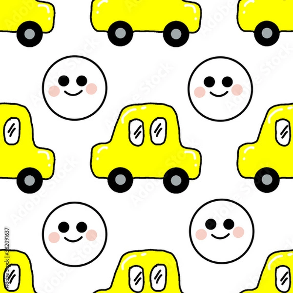 Fototapeta Cartoons seamless yellow cars and smile emoji repeat pattern background illustrations. 
