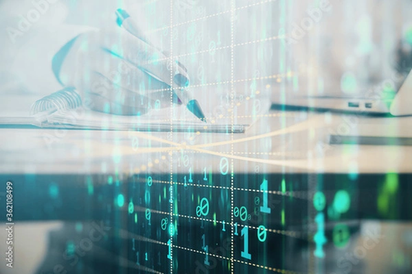 Fototapeta Multi exposure of woman's writing hand on background with data technology hologram. Concept of innovation.