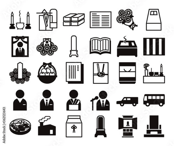 Fototapeta 葬式葬儀白黒シンプルアイコンセット