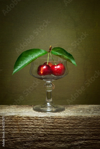 Fototapeta cherry on a table fruit red glass