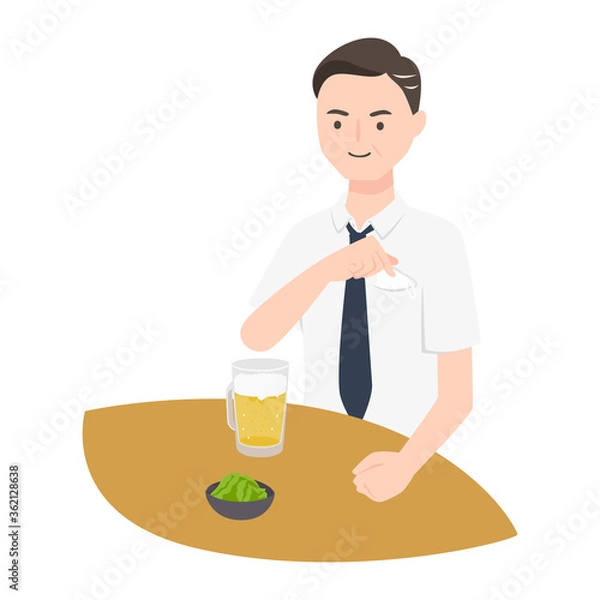 Fototapeta 生ビールを飲み前にマスクをポケットにしまう男性ビジネスマンのイラスト。