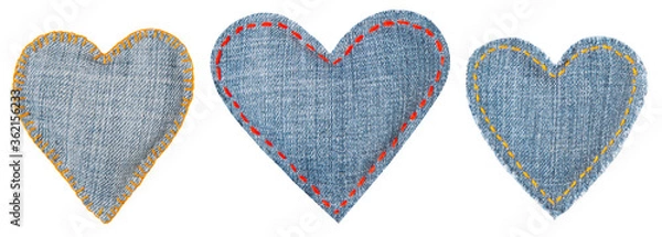 Obraz Jeans Heart, Patch with Stitches Seams, Set of Fabric Shapes Isolated over White Background, Love concept