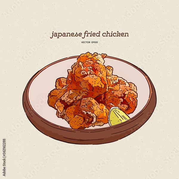 Fototapeta Japanese food,Karaage,Fried chicken japanese style. Hand draw sketch vector.