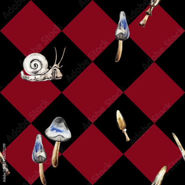 Obraz Chess seamless pattern with a hand drawn watercolor sketches mushrooms and snail.