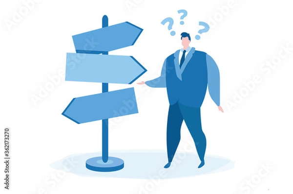 Fototapeta Man trying to find the right direction. Vector illustration for web banner, infographics, mobile.  choose direction.